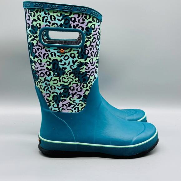 Bogs Boots Youth Girls 3 Blue Leopard Print Waterproof Rain Mid Calf Handles - Picture 1 of 10